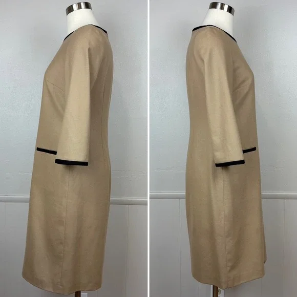 Boden Tan Wool Dress Black Tipped Size 6L Camel Striping Midi Classic Old Money - Picture 8 of 17